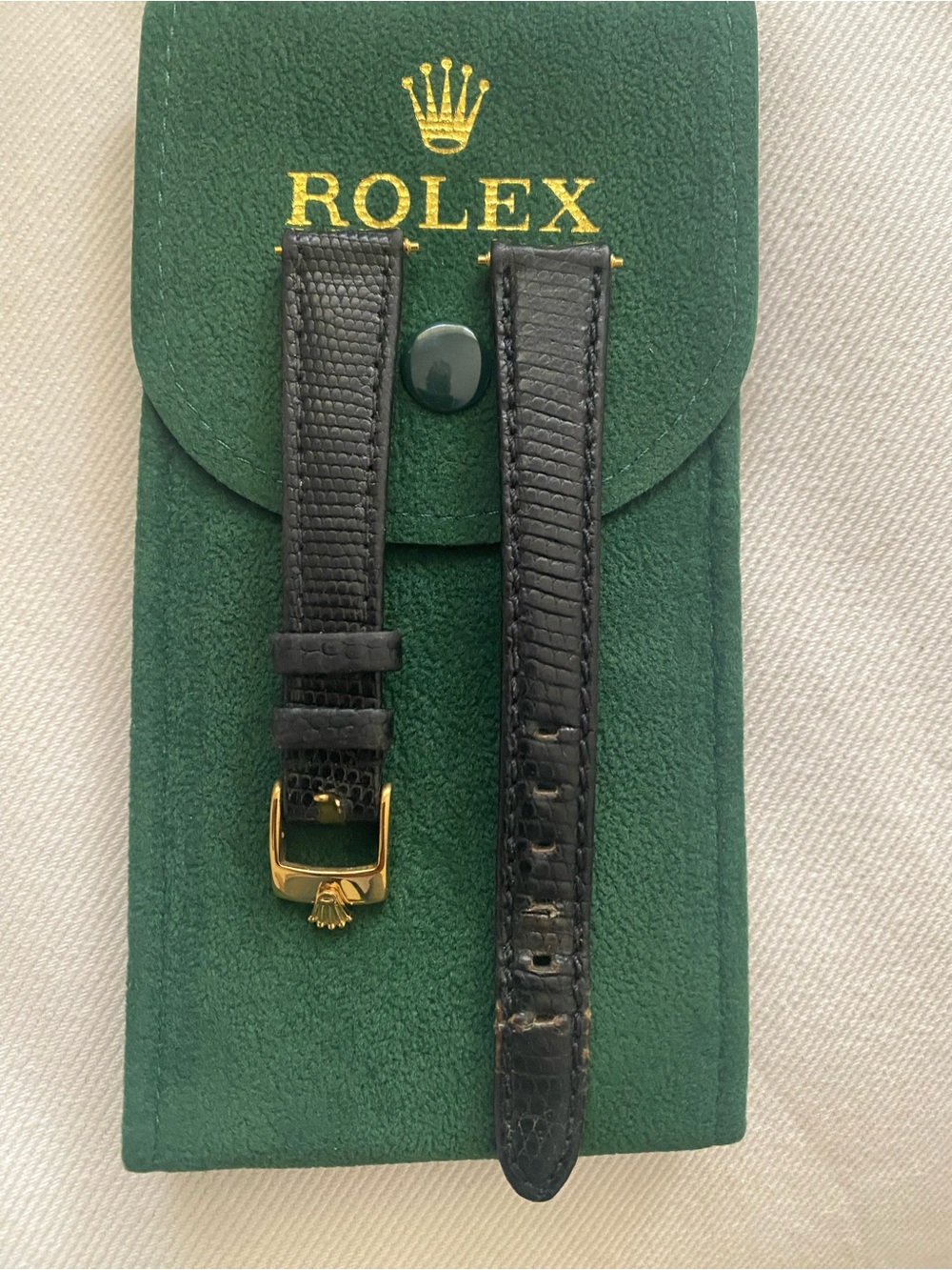 Rolex Black Leather Watch Strap with Gold Buckle and Crown Vintage 14mm Used